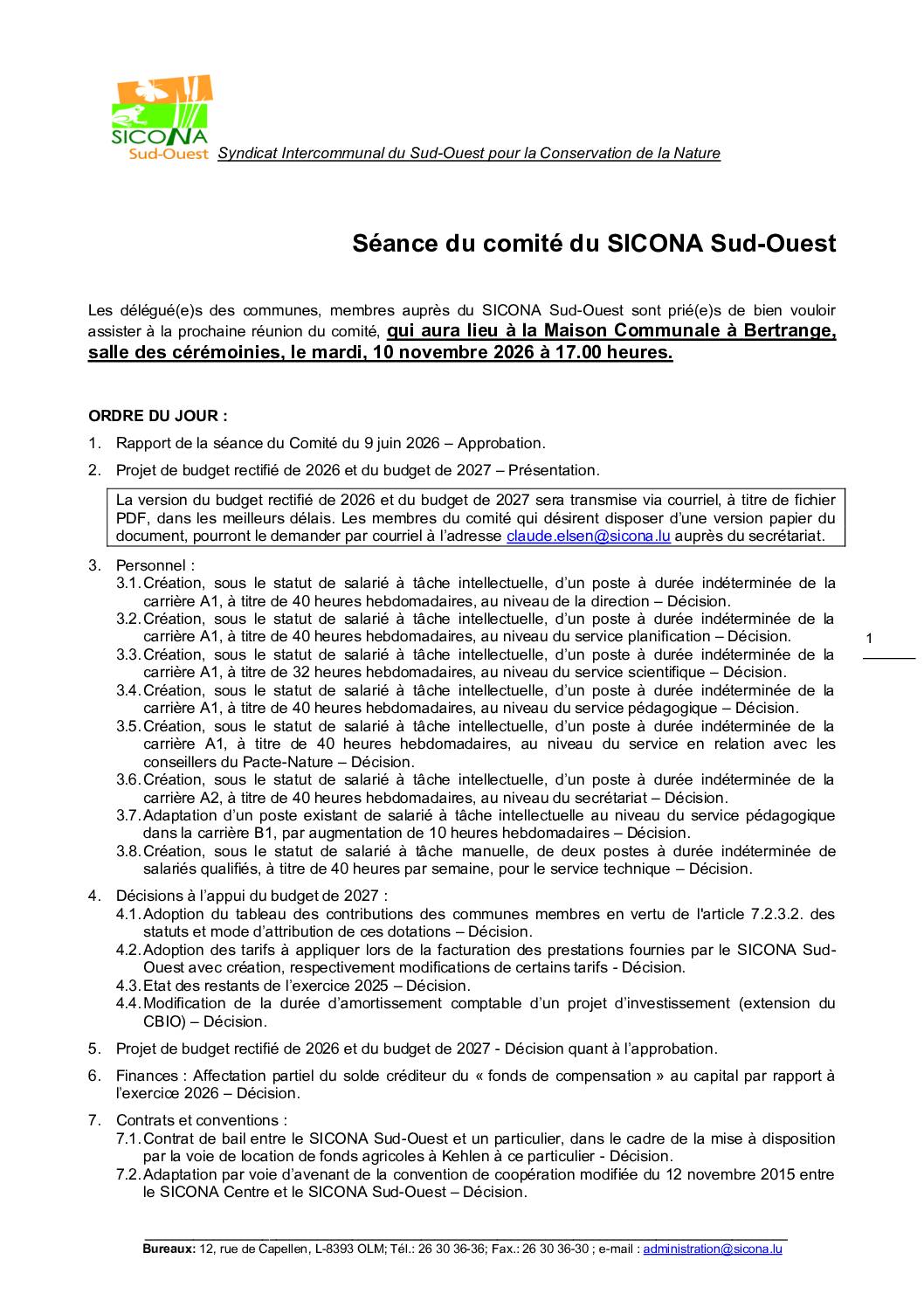 Convocation à la réunion du comité du SICONA – 10.11.2026